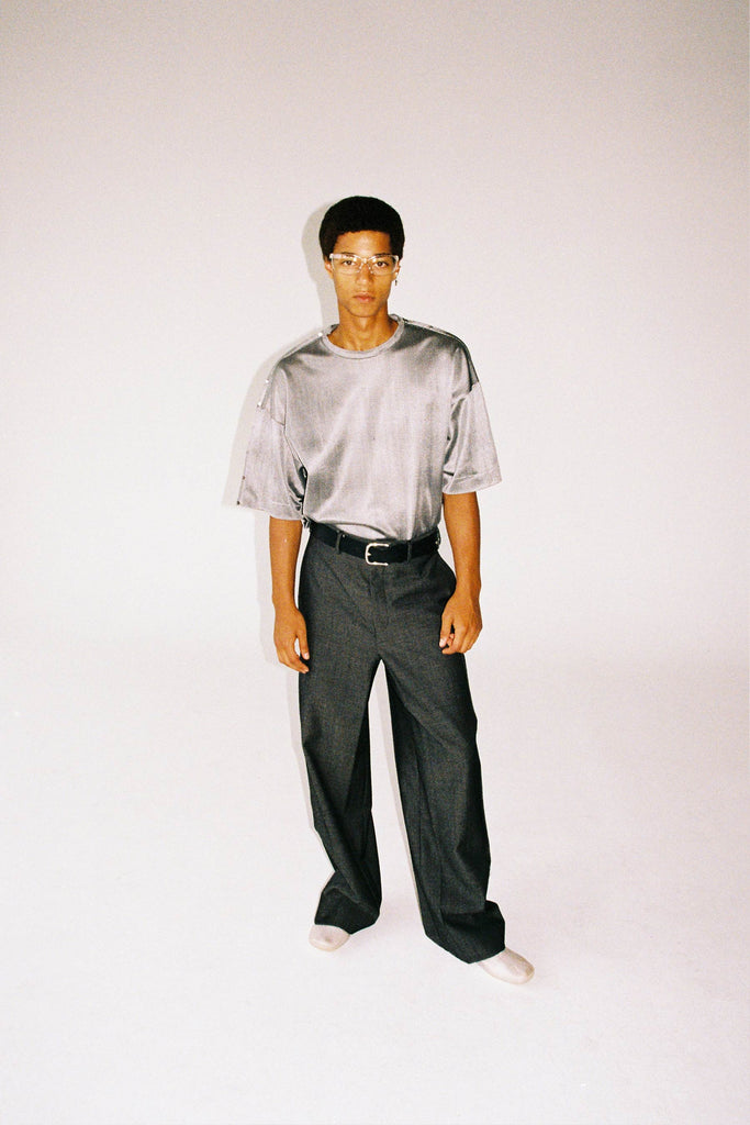 Silver Polyester Nylon Square XY-plane T-Shirt with Studs