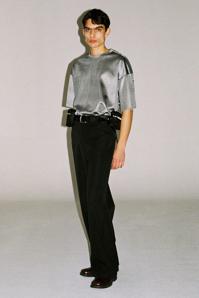 Silver Polyester Nylon Square XY-plane T-Shirt with Studs