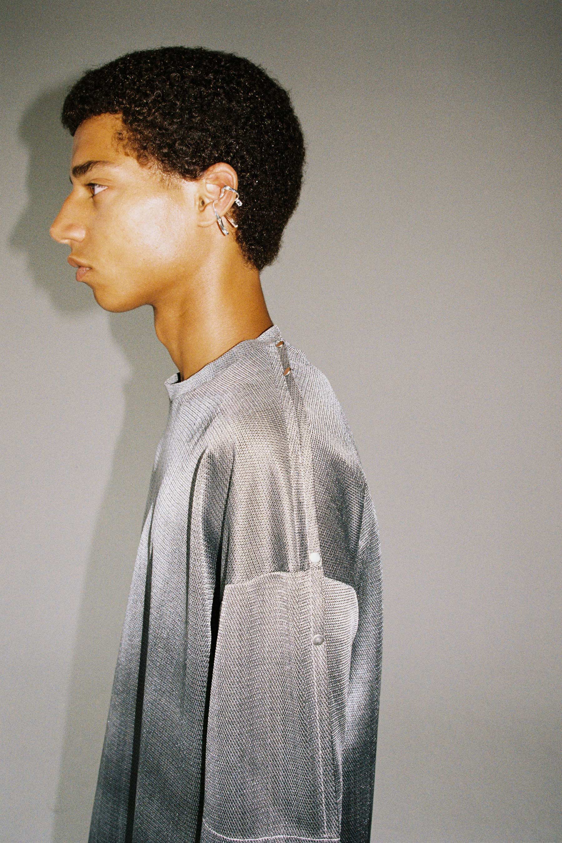 Silver Polyester Nylon Square XY-plane T-Shirt with Studs