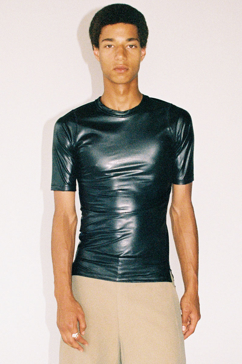 Black Second Skin Polyamide Faux Leather Short Sleeve Body Tight