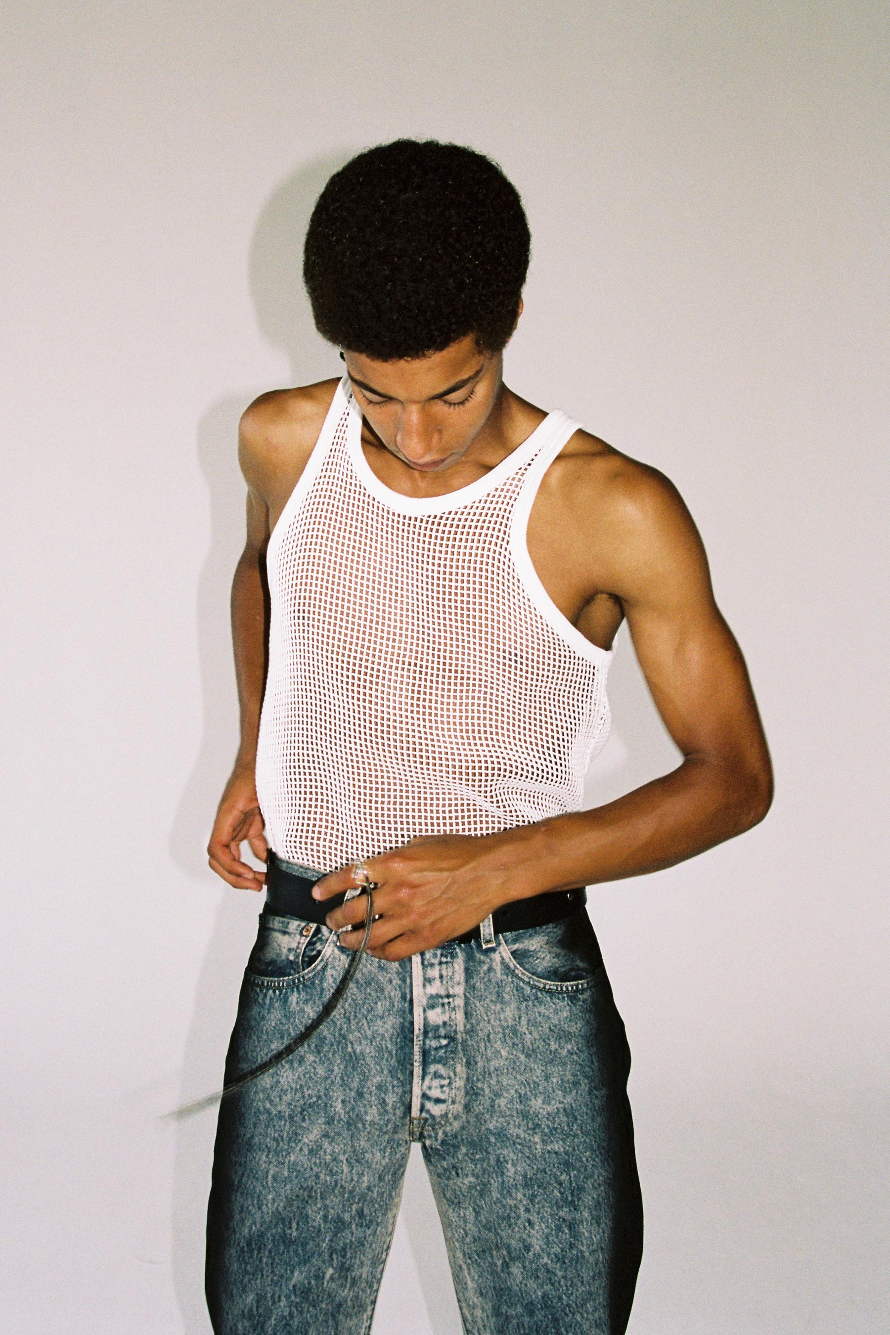 White Cotton Square Mesh Rectangle Tank Top