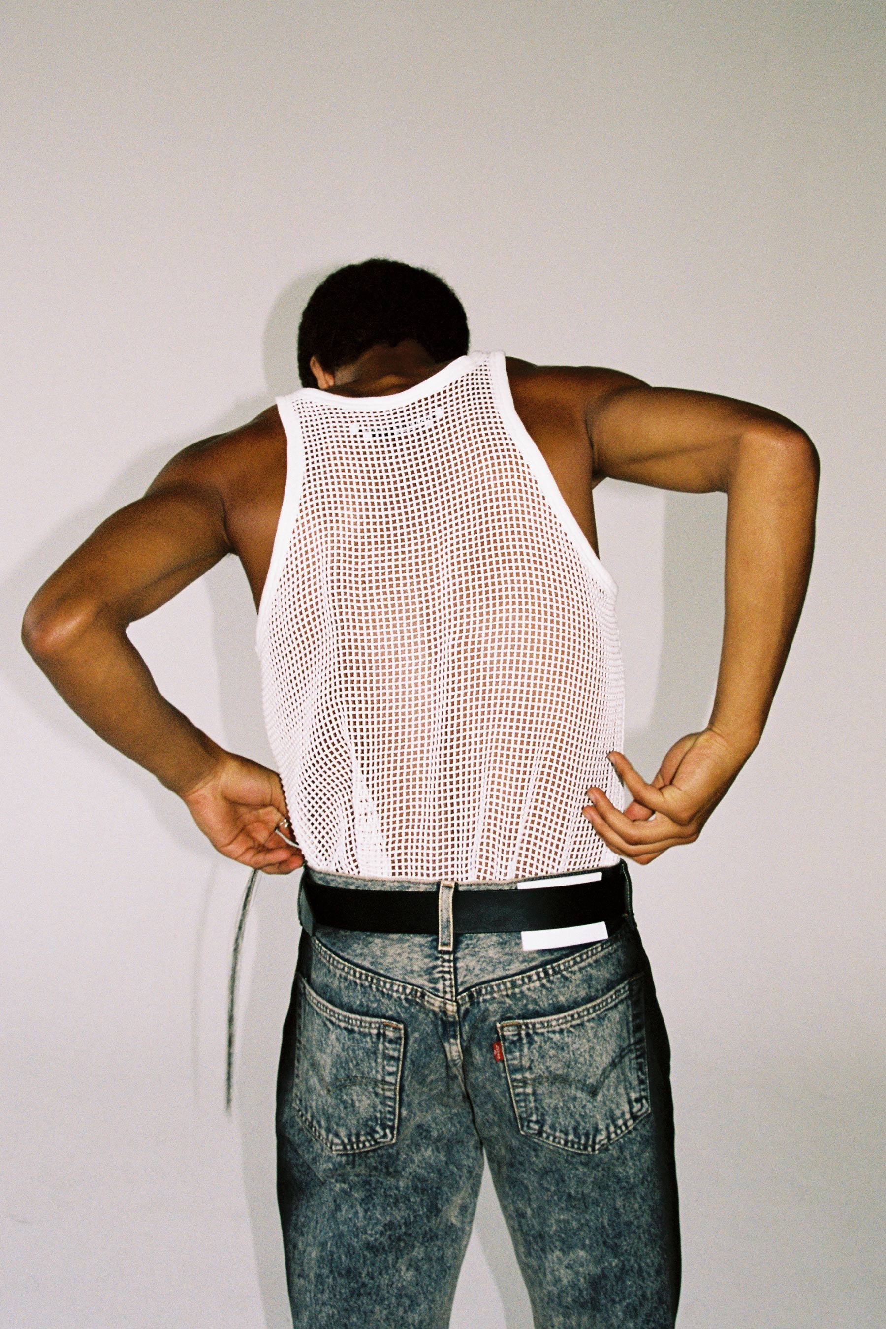 White Cotton Square Mesh Rectangle Tank Top