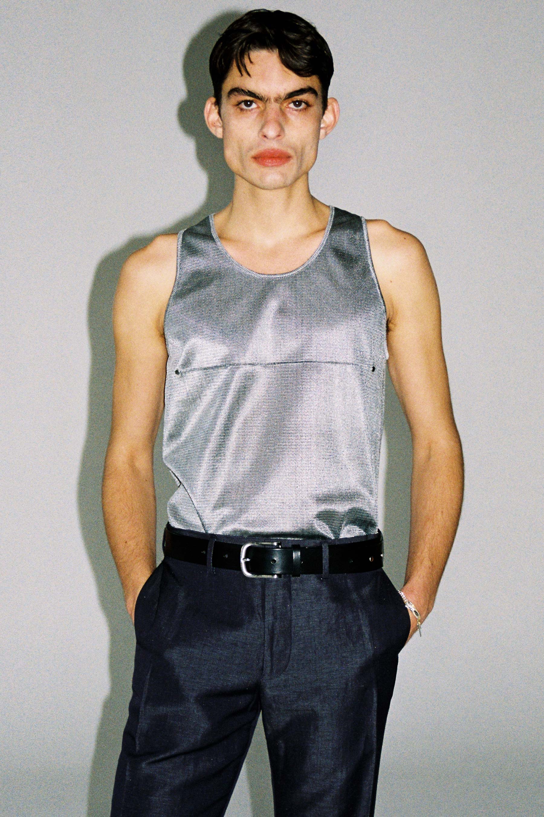 Silver Polyester Nylon Square Tank Tops with Studs