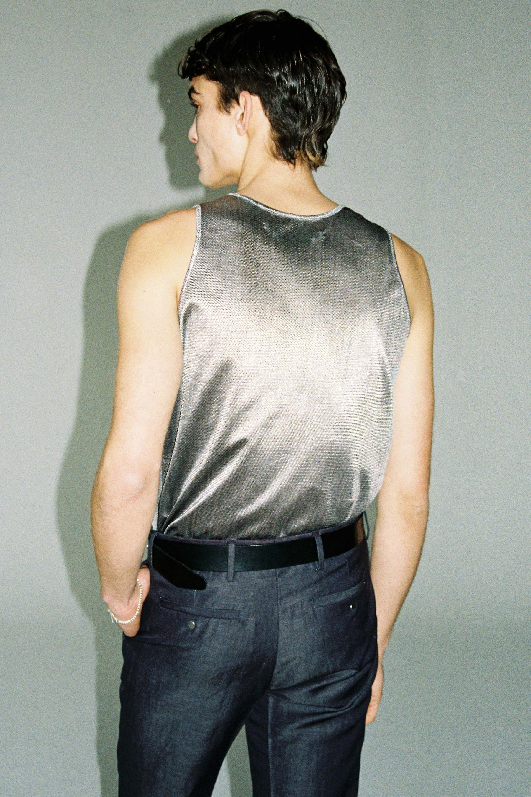 Silver Polyester Nylon Square Tank Tops with Studs