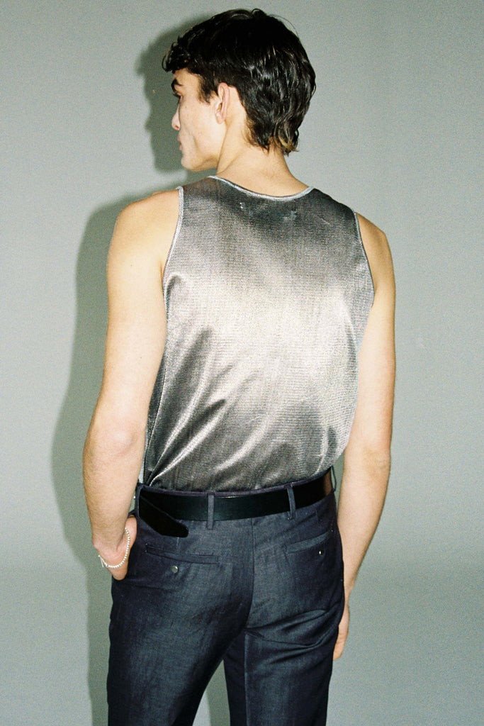 Silver Polyester Nylon Square Tank Tops with Studs