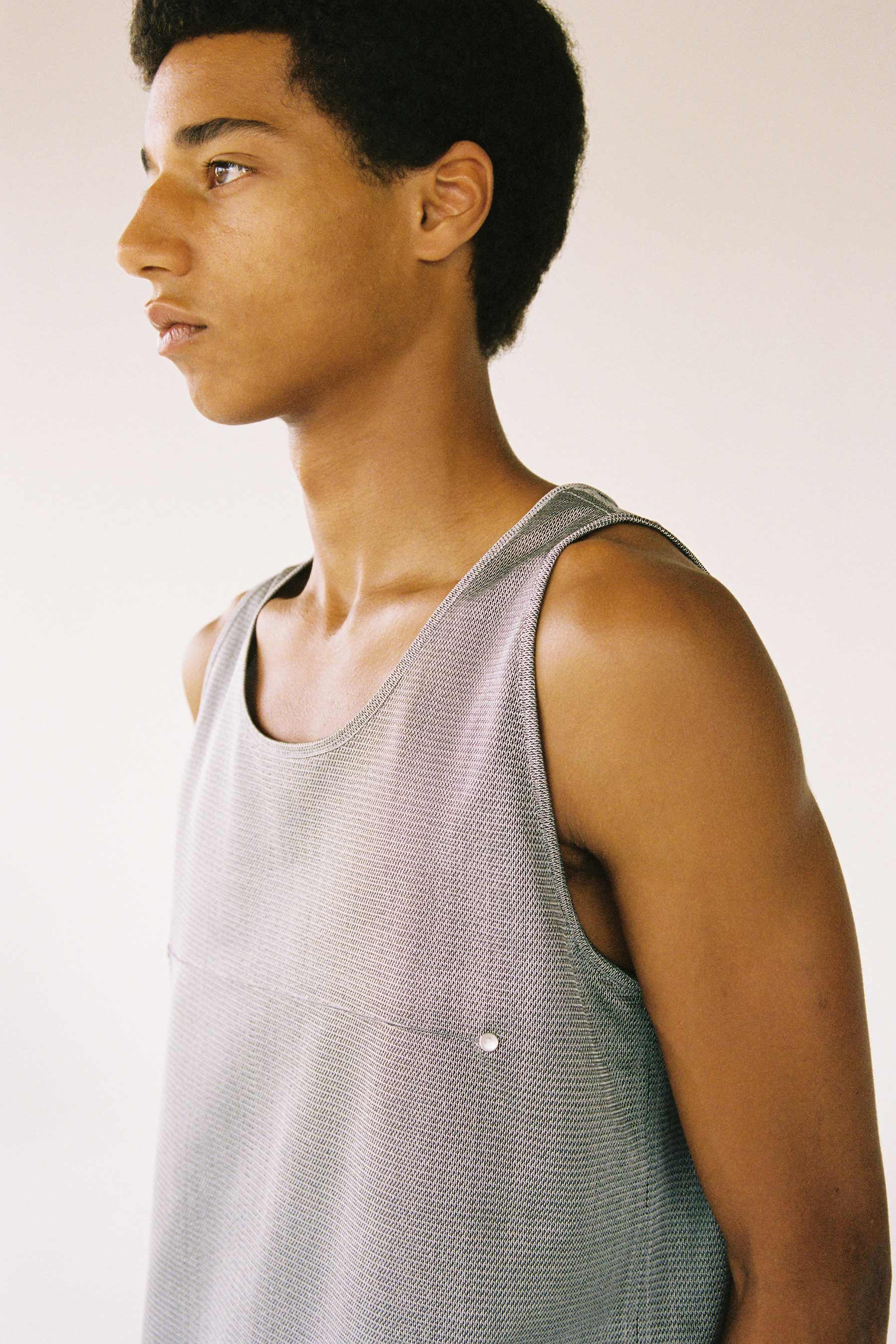 Silver Polyester Nylon Square Tank Tops with Studs