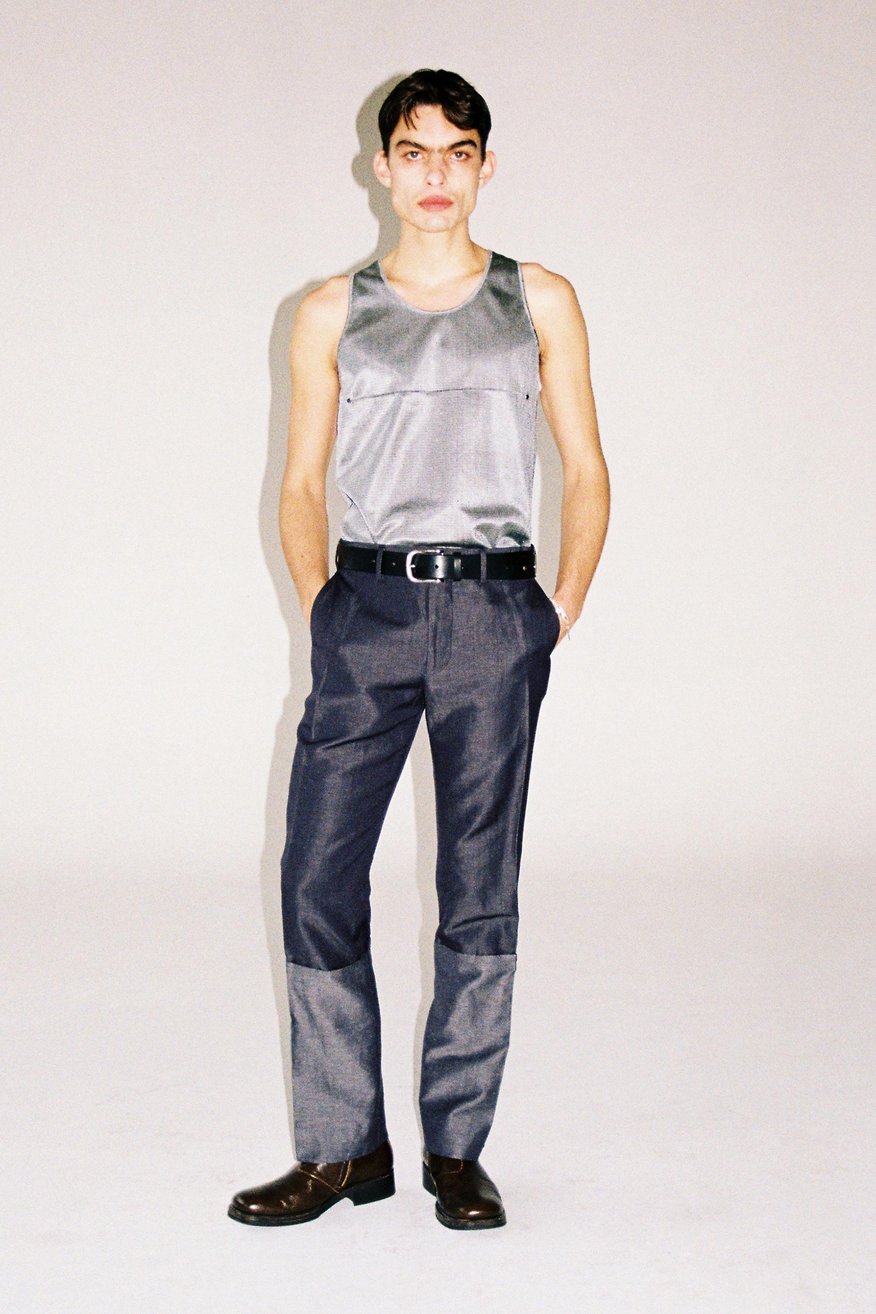 Silver Polyester Nylon Square Tank Tops with Studs