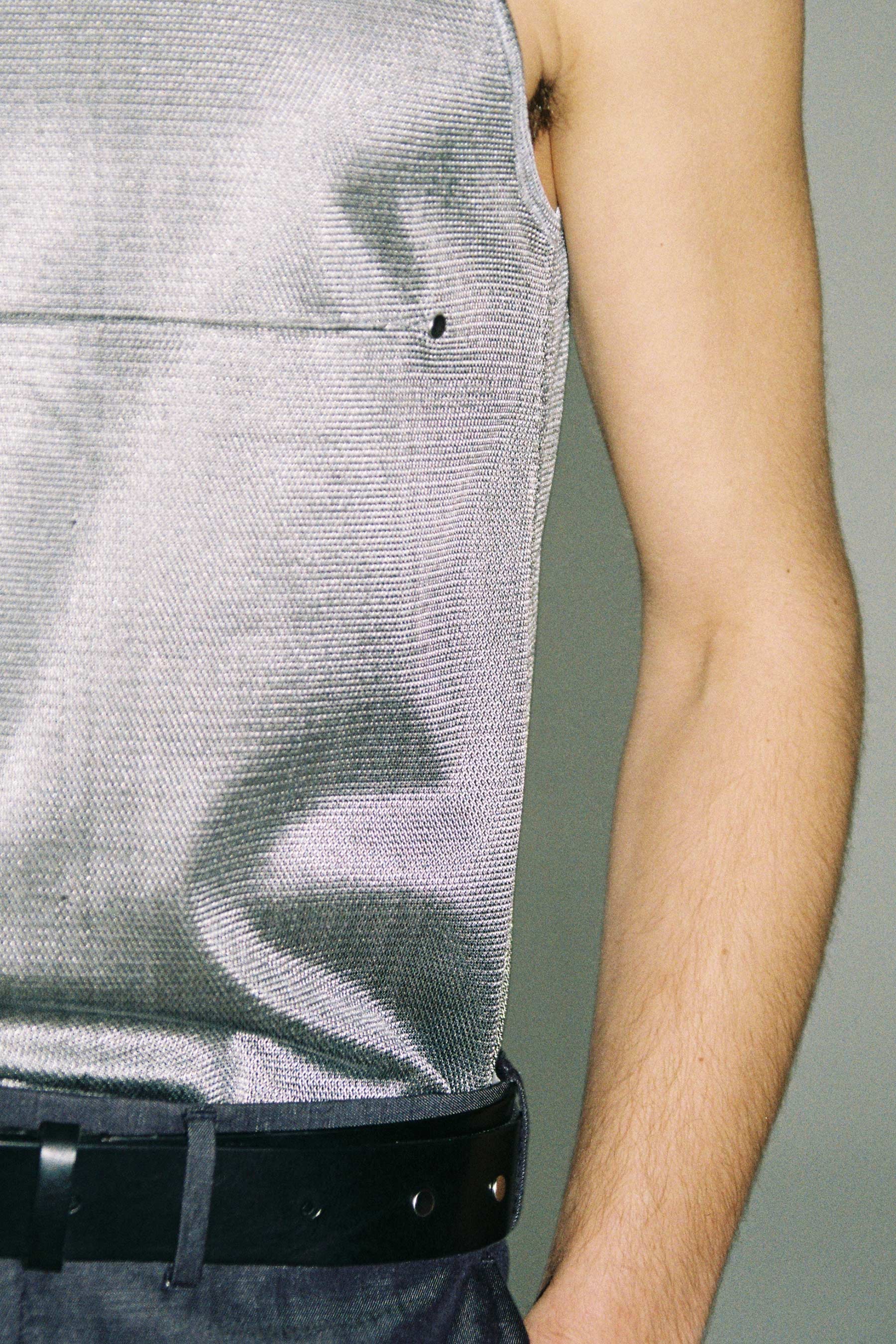 Silver Polyester Nylon Square Tank Tops with Studs