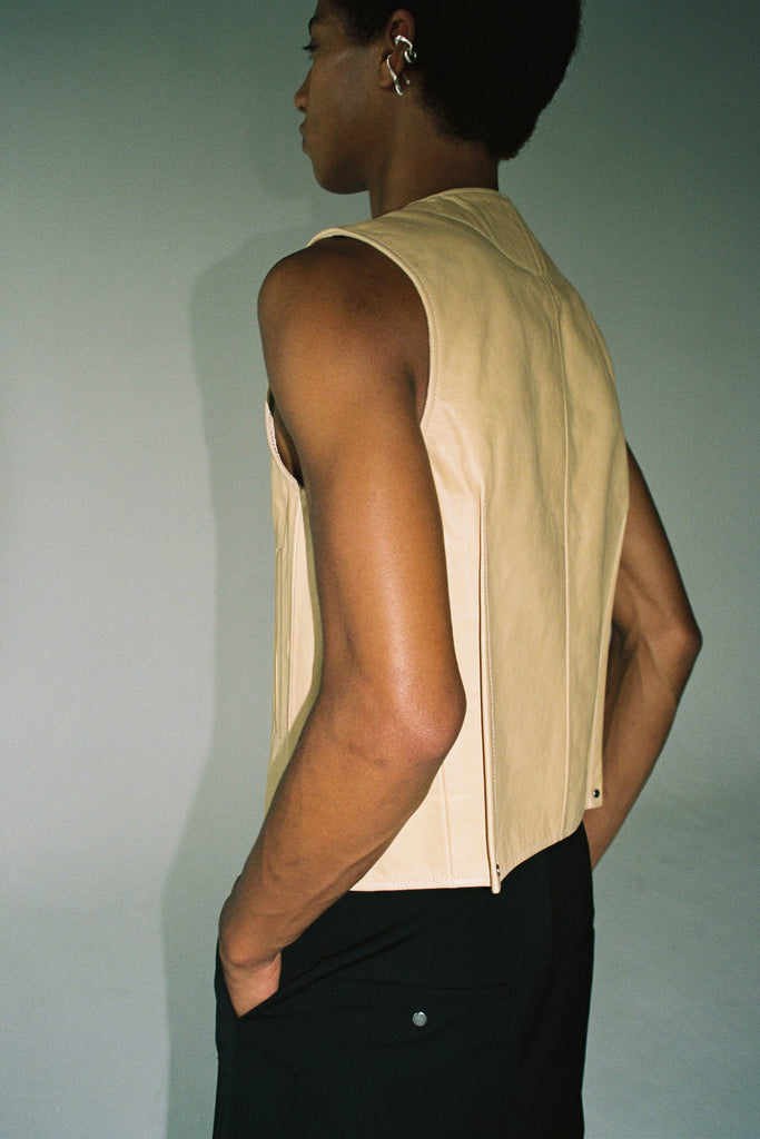 Beige Calf Leather 2-way Pocket Vest