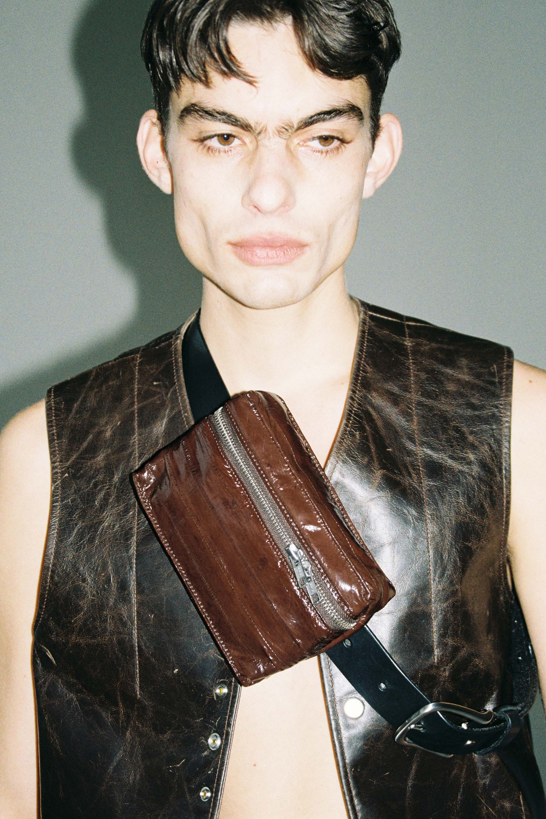 Brown Eel Skin Waist Bag with Calf Leather Belt