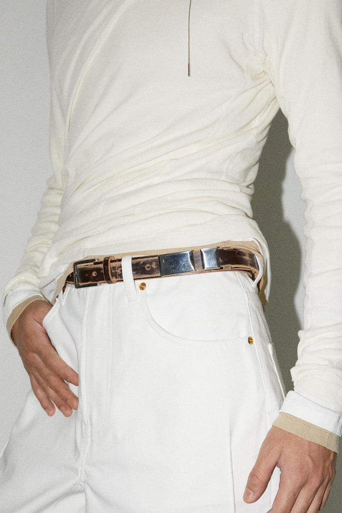 Brown Brushed Calf Leather Double Buckle Belt