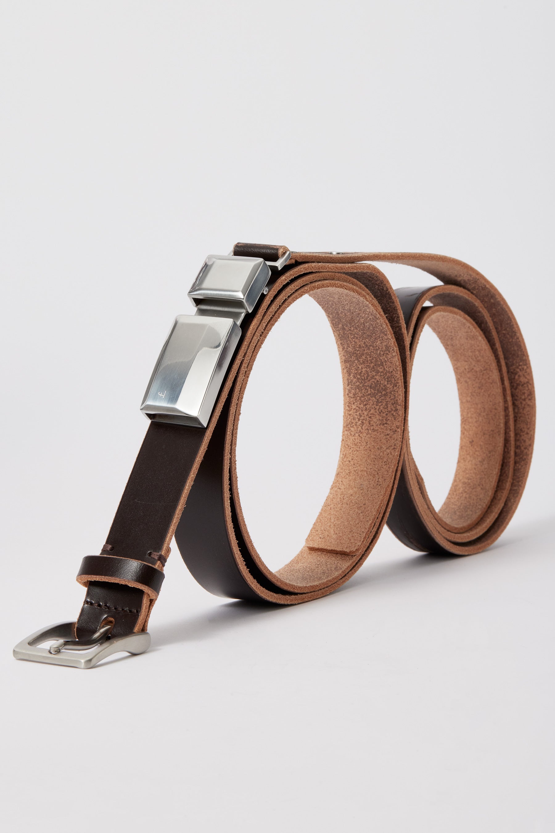 Brown Brushed Calf Leather Double Buckle Belt