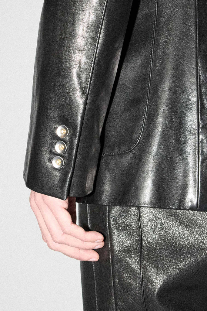 Black Wide Shoulder Calf Leather Blazer