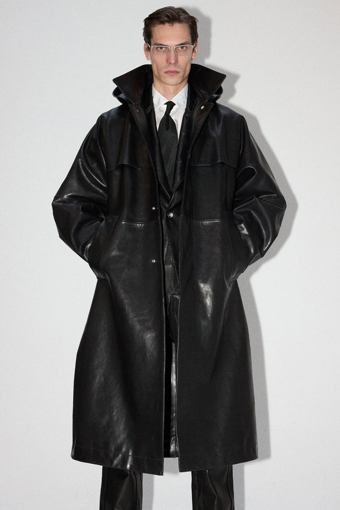 Black Rectangle Calf Leather Coat
