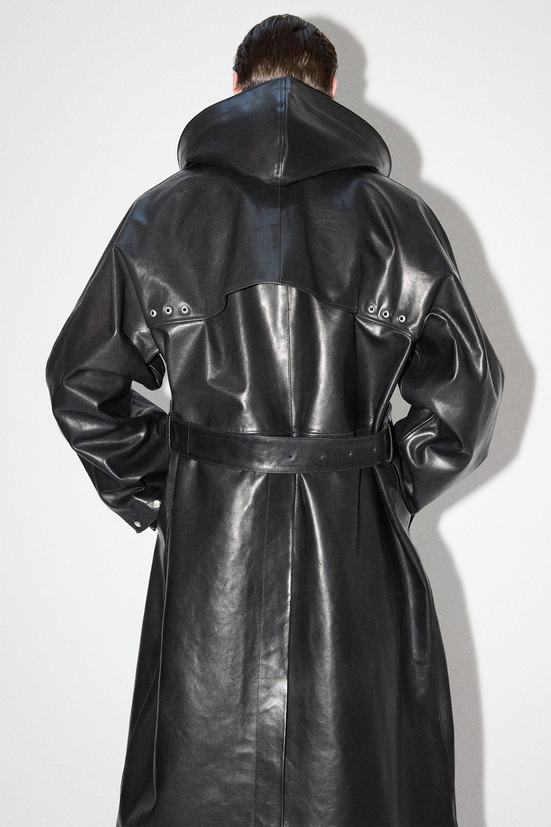 Black Rectangle Calf Leather Coat