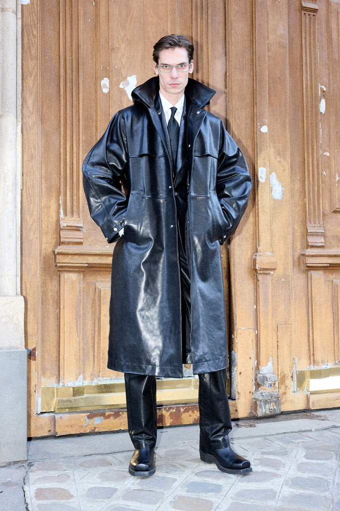 Black Rectangle Calf Leather Coat