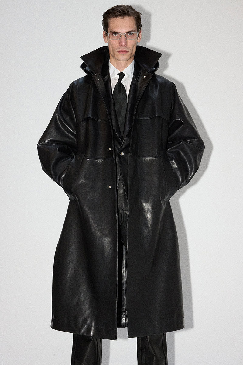 Black Rectangle Calf Leather Coat