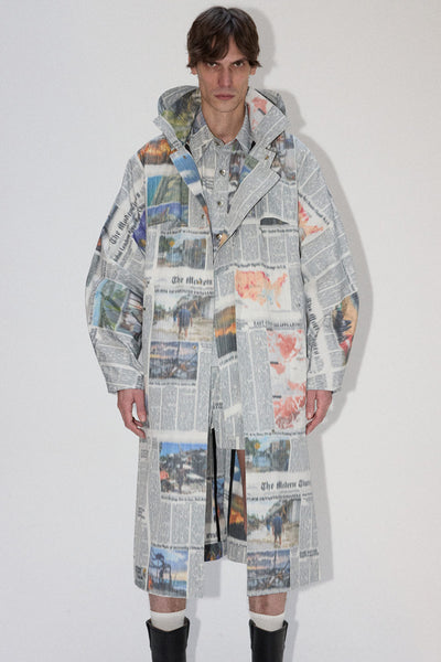 Mixed Rectangle Printed Newspaper Hooded Coat