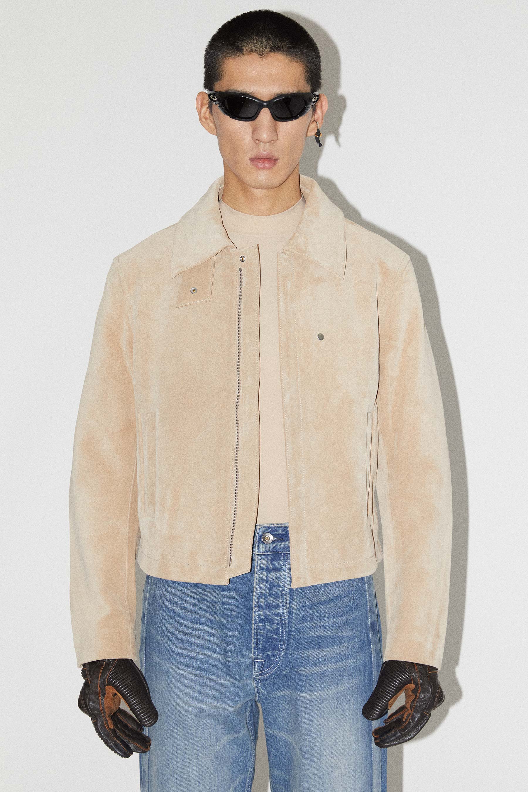 Beige 2-way Pocket Suede Leather Jacket