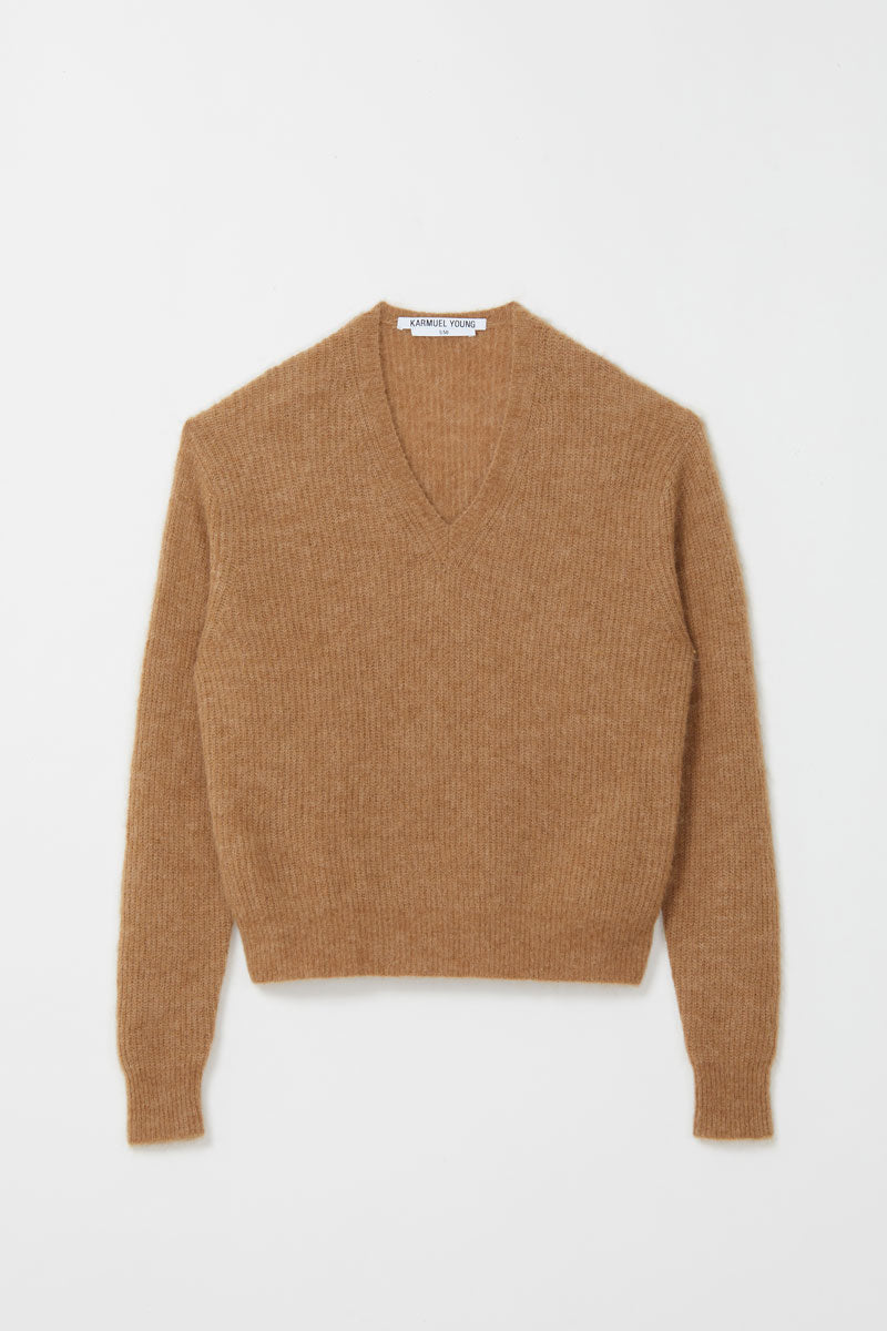 Beige Fuzzy V-neck Sweater