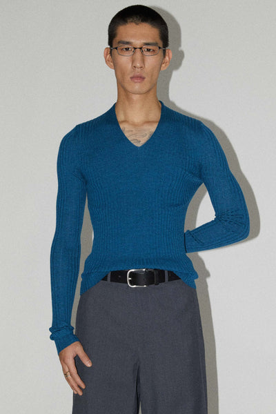 Blue V-neck Knit Sweater