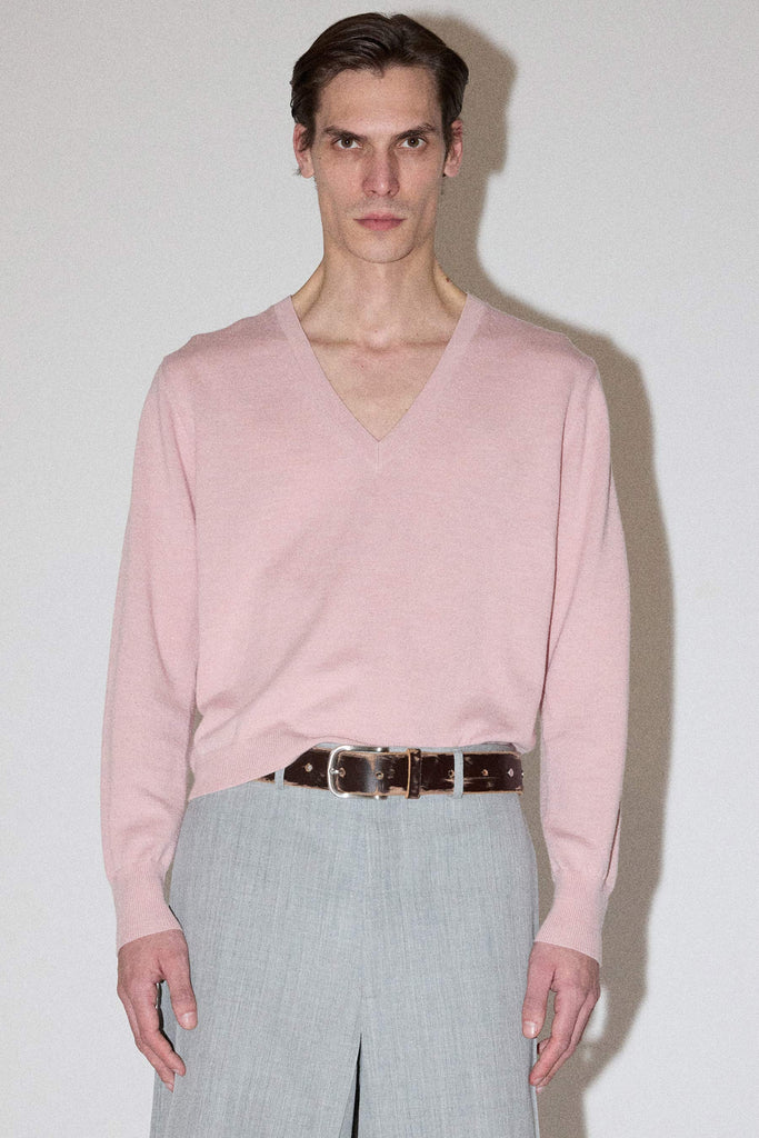 Pink Merino Wool V-neck Sweater