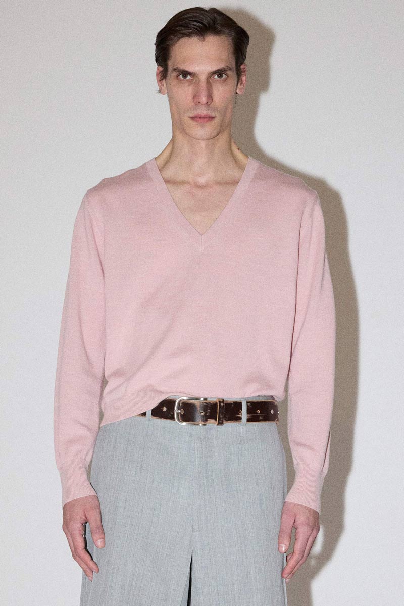 Pink Merino Wool V-neck Sweater