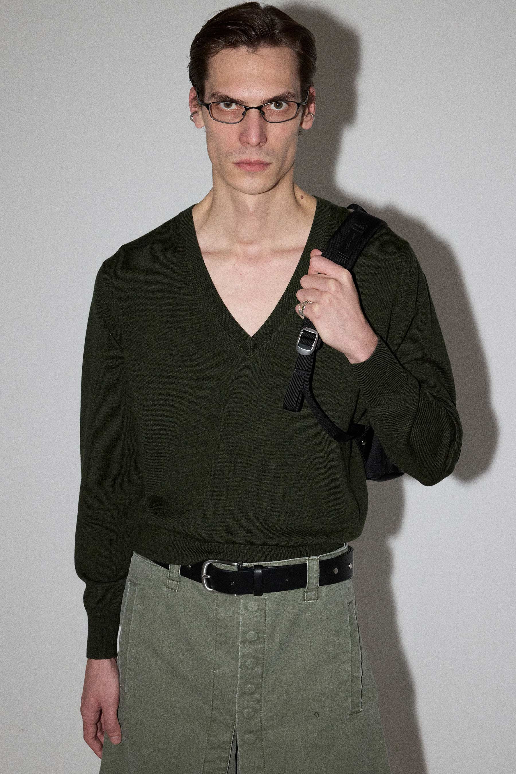 Khaki Green Merino Wool V-neck Sweater