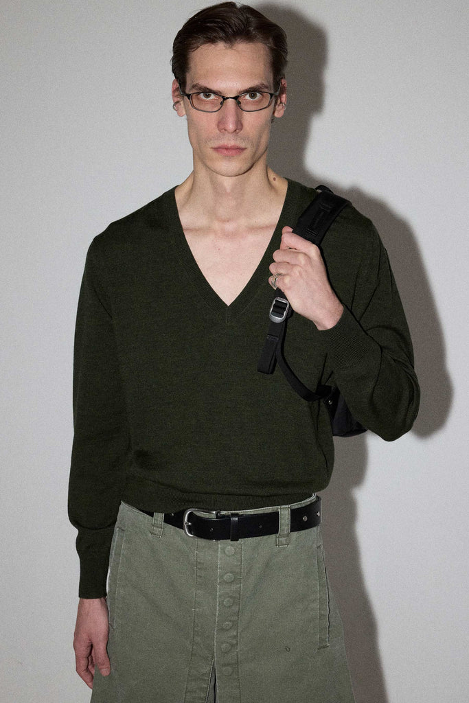 Khaki Green Merino Wool V-neck Sweater