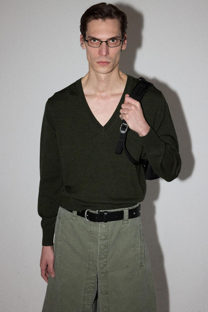 Khaki Green Merino Wool V-neck Sweater
