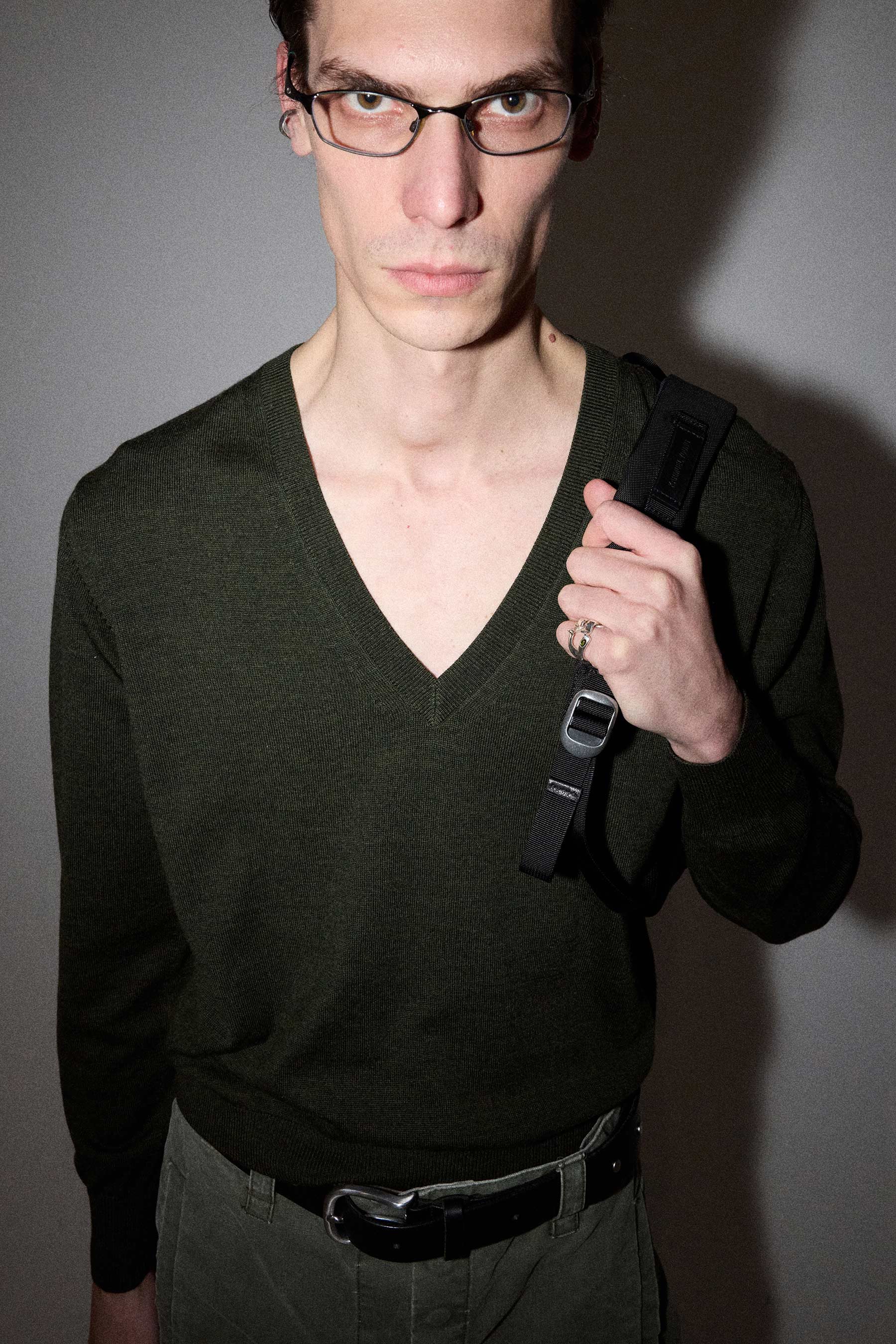 Khaki Green Merino Wool V-neck Sweater