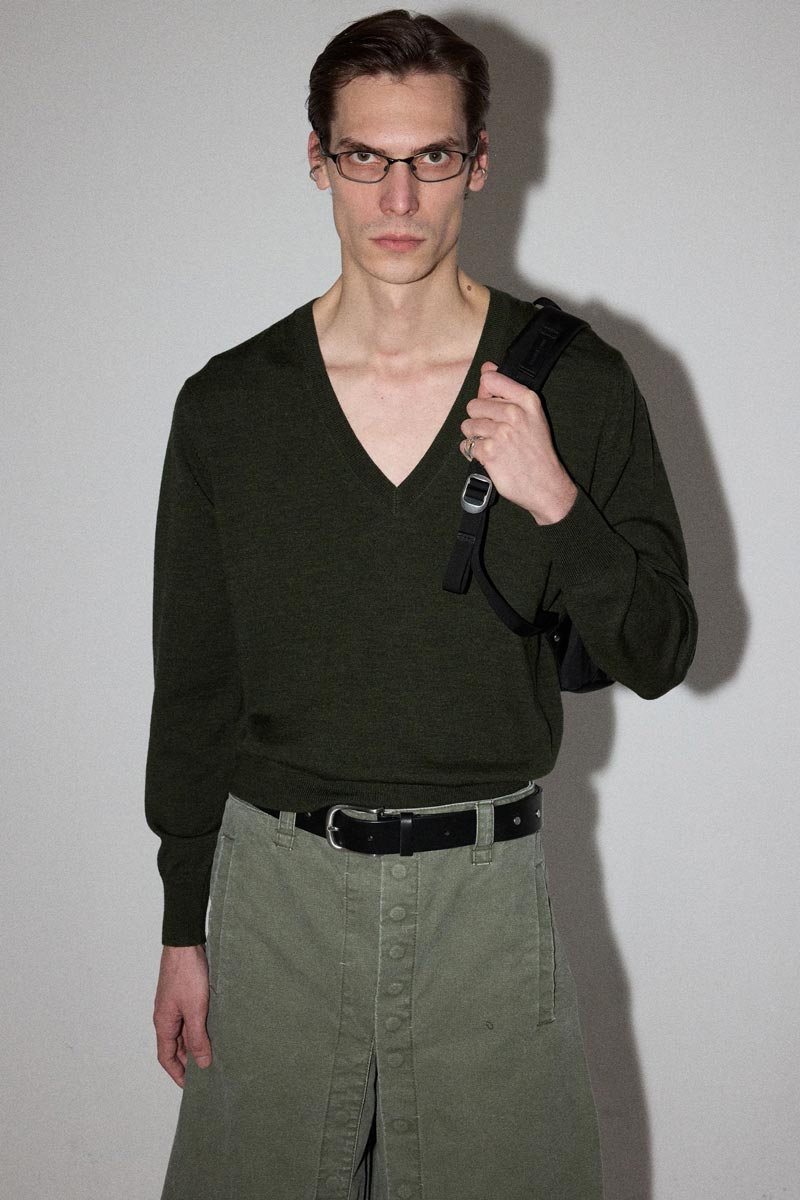 Khaki Green Merino Wool V-neck Sweater