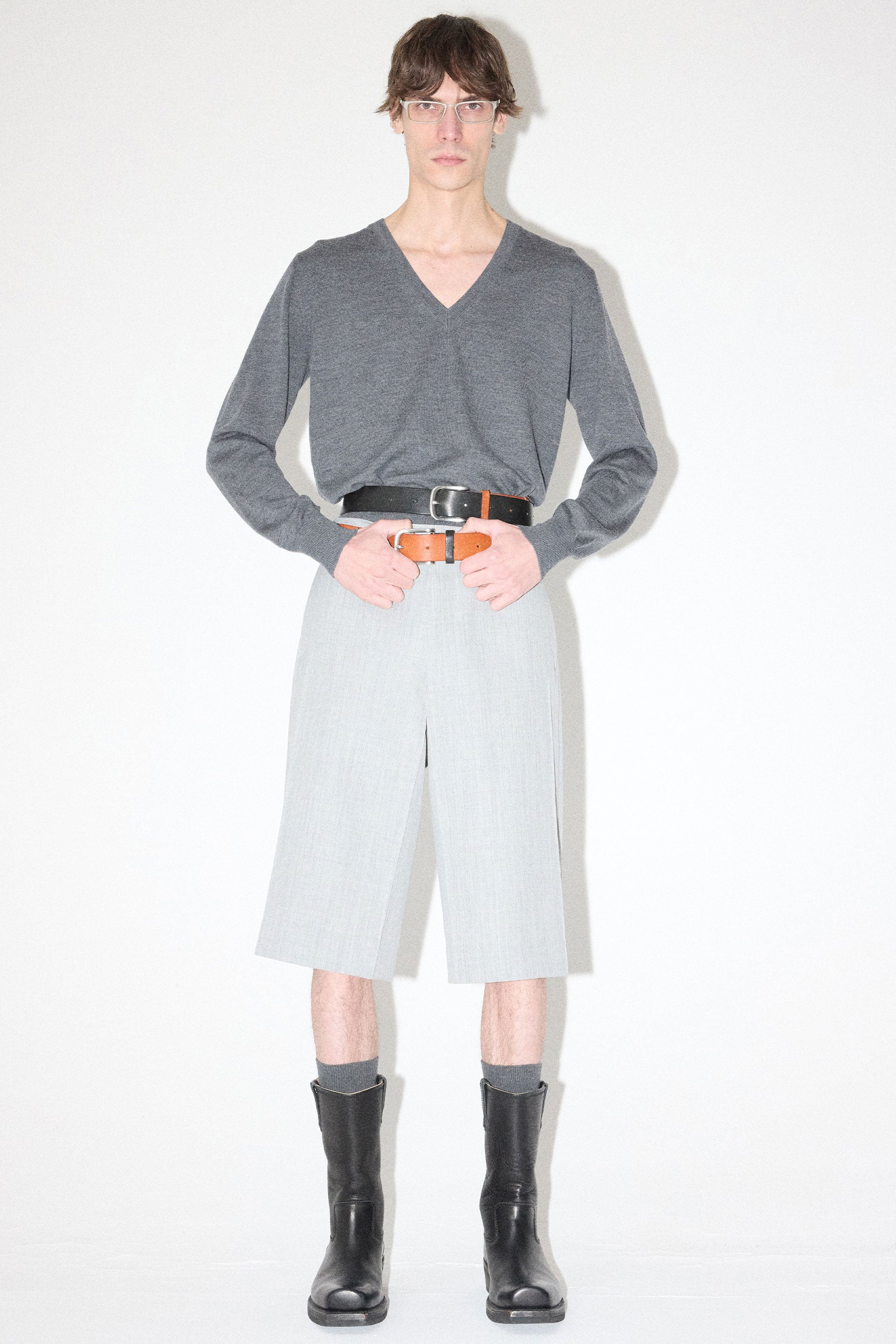 Grey Merino Wool V-neck Sweater