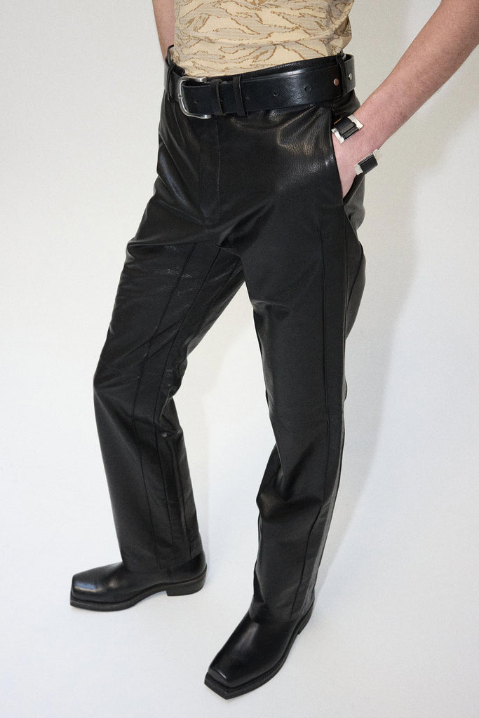 Black Cuboid Lamb Leather Dress Pants