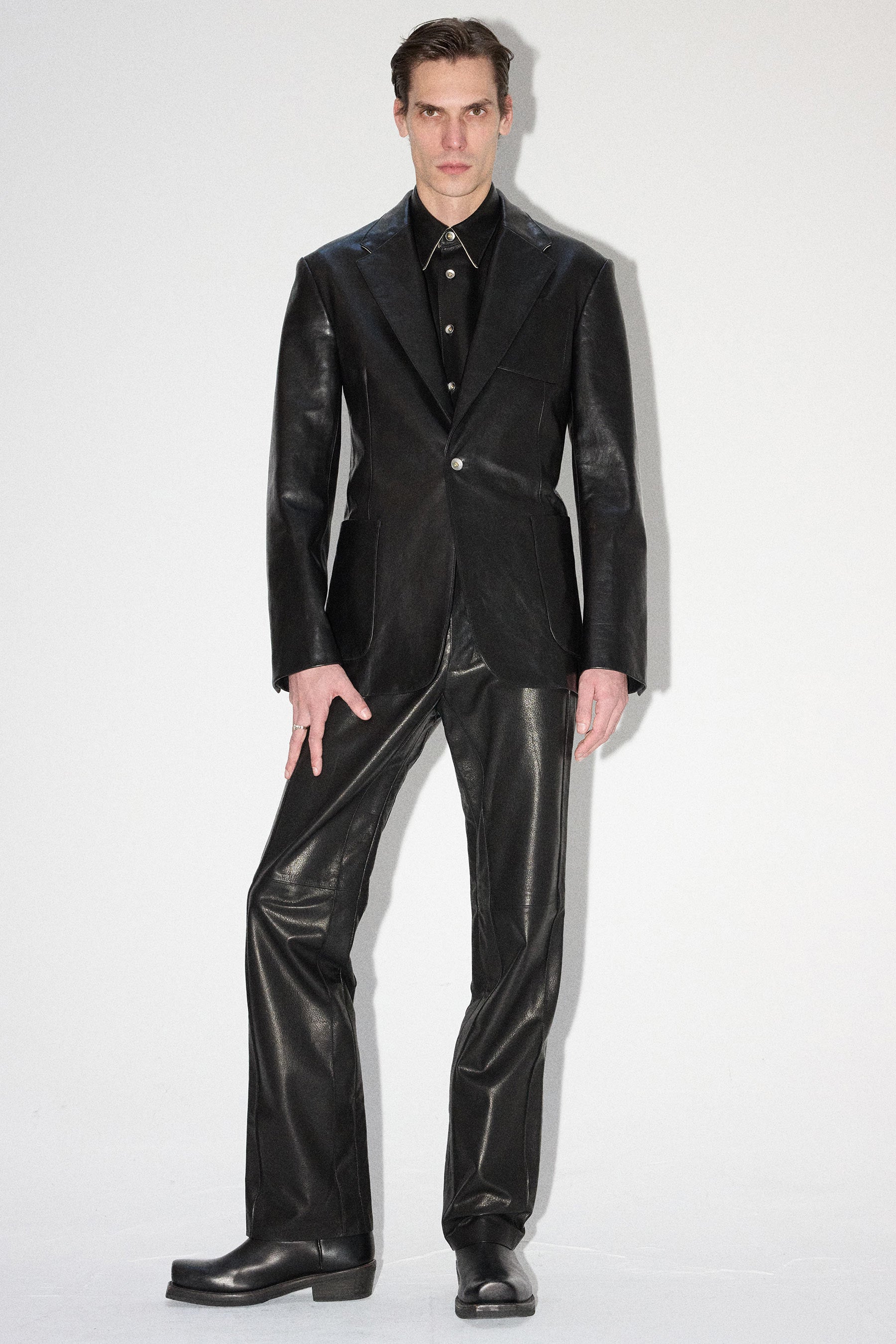 Black Cuboid Lamb Leather Dress Pants