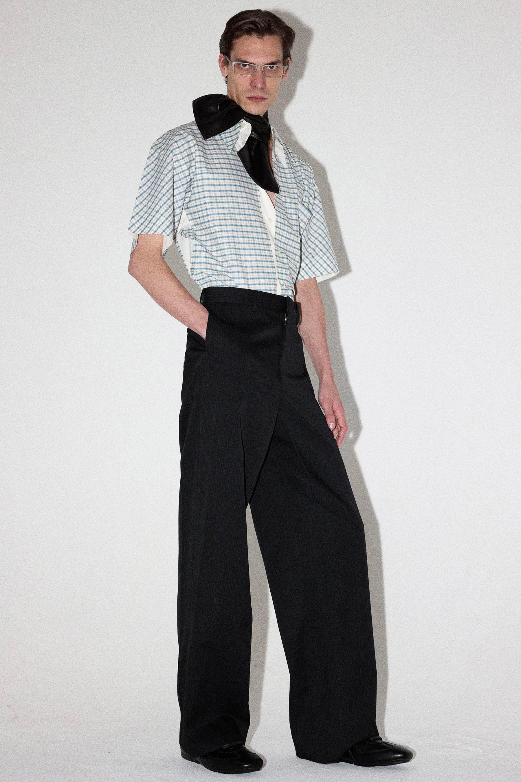 Black Cuboid Stripe Wool Wide Pants