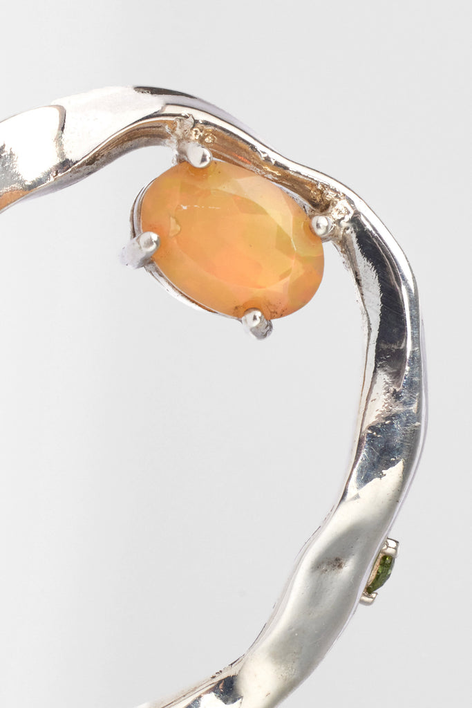 Hammer-crafted Square Tube Ring with Yellow Opal and Tourmaline