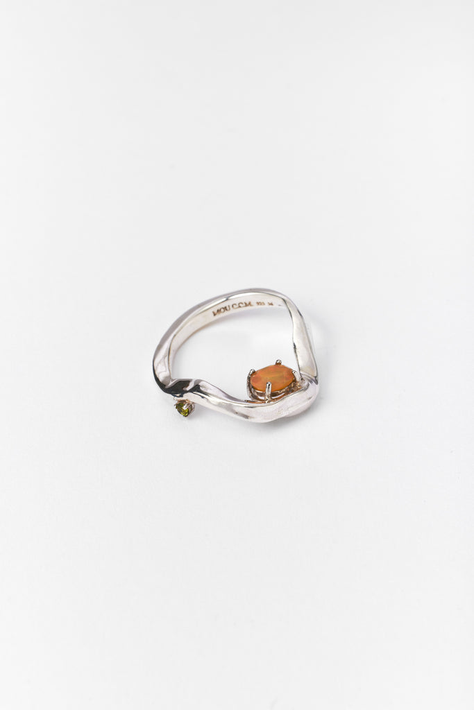 Hammer-crafted Square Tube Ring with Yellow Opal and Tourmaline