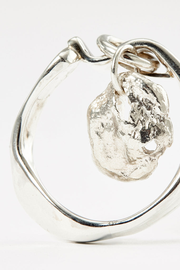 Hammer-crafted Silver Tube Ring with Pendant