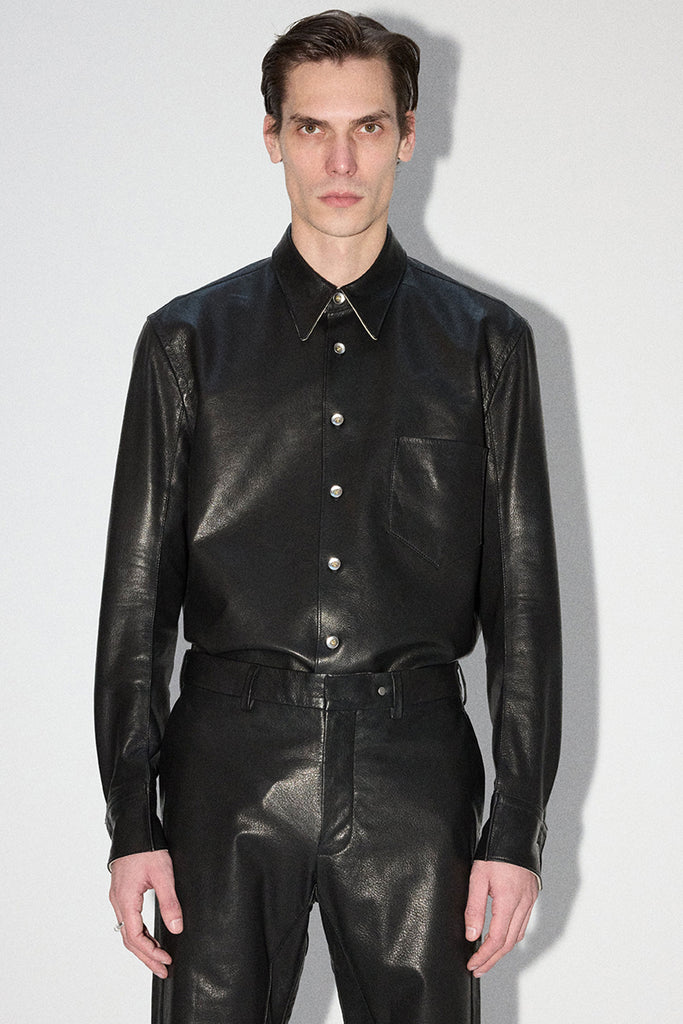 Black Curve Arm Lamb Leather Shirt Jacket