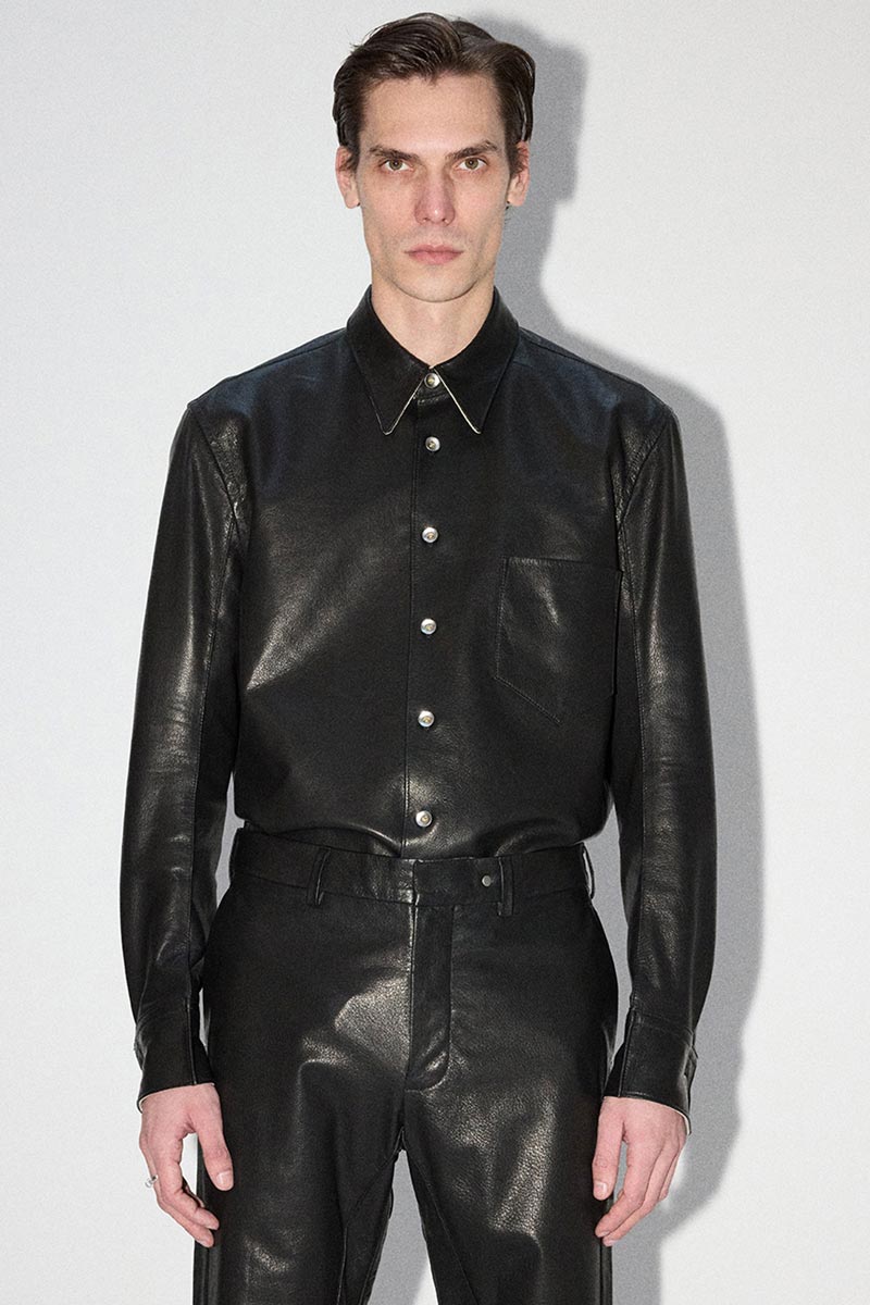 Black Curve Arm Lamb Leather Shirt Jacket