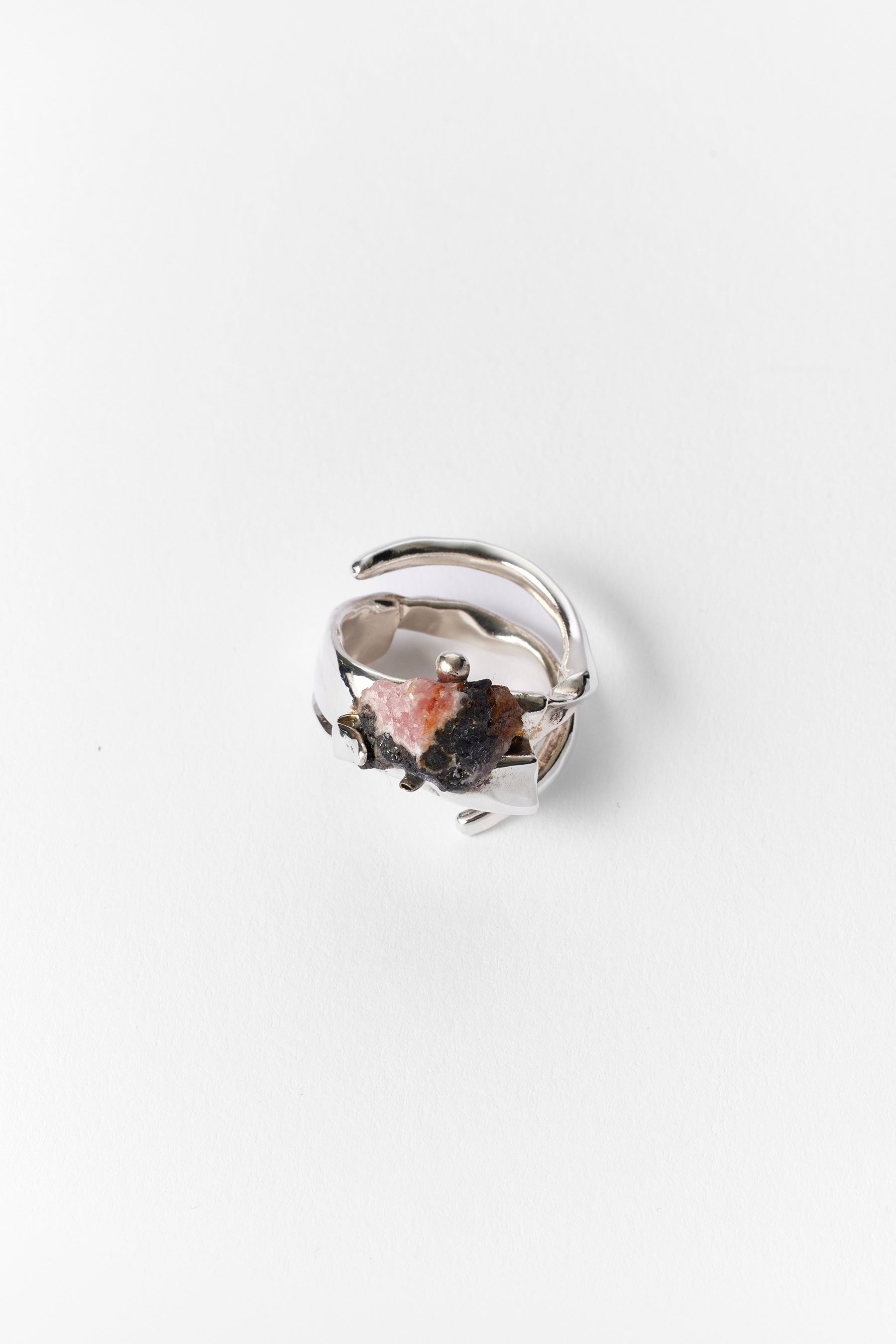 Spiral Silver Shirt Ring 001 with Pink Rhodochrosite