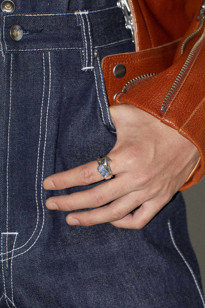 Spiral Silver Shirt Ring 001 with Blue Sodalite