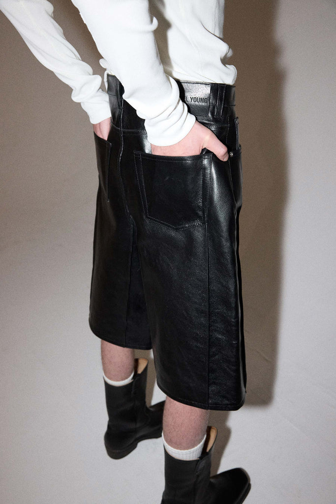 Black Cuboid Calf Leather Shorts