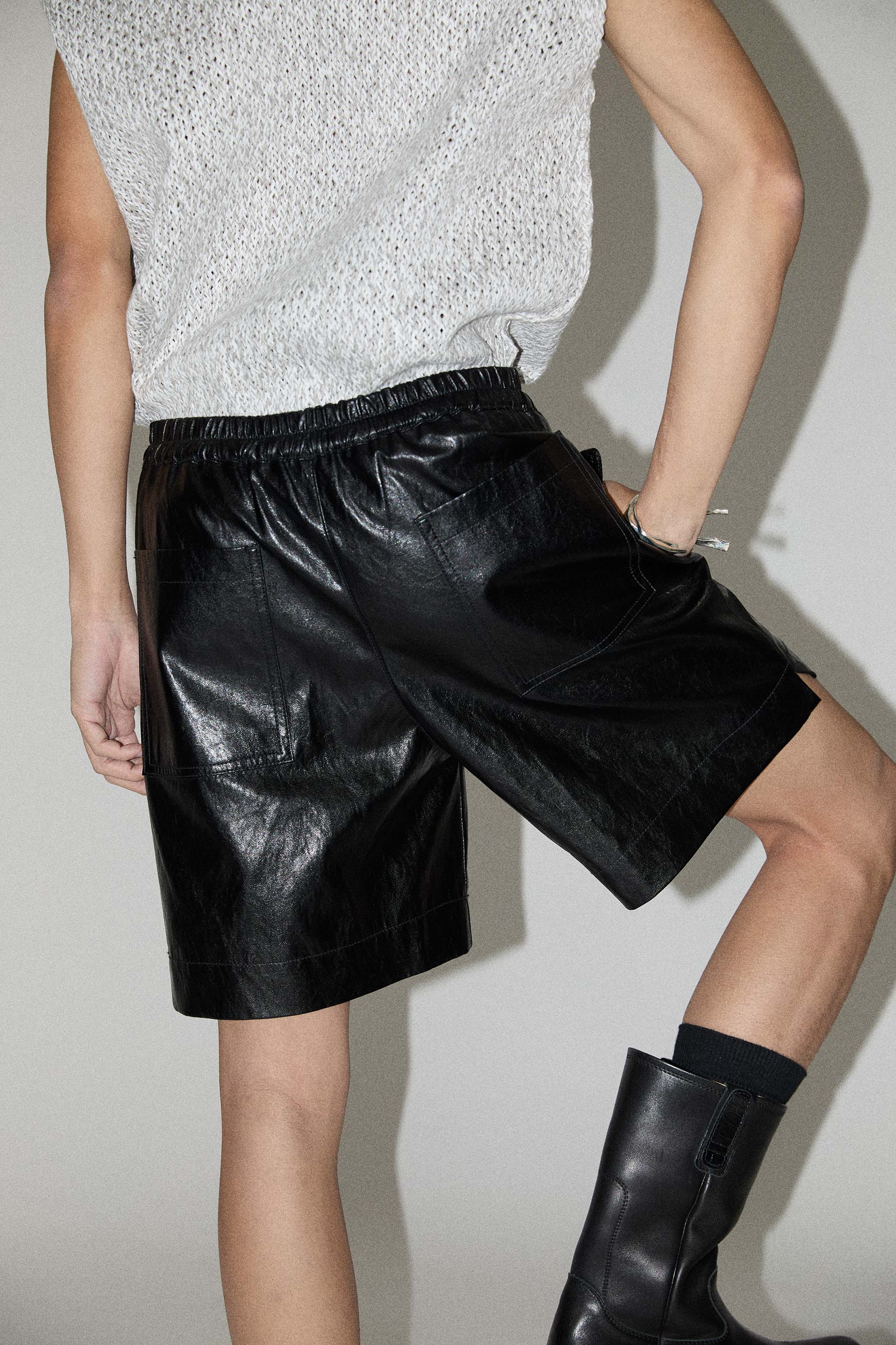 Black Alt-Leather Square Shorts