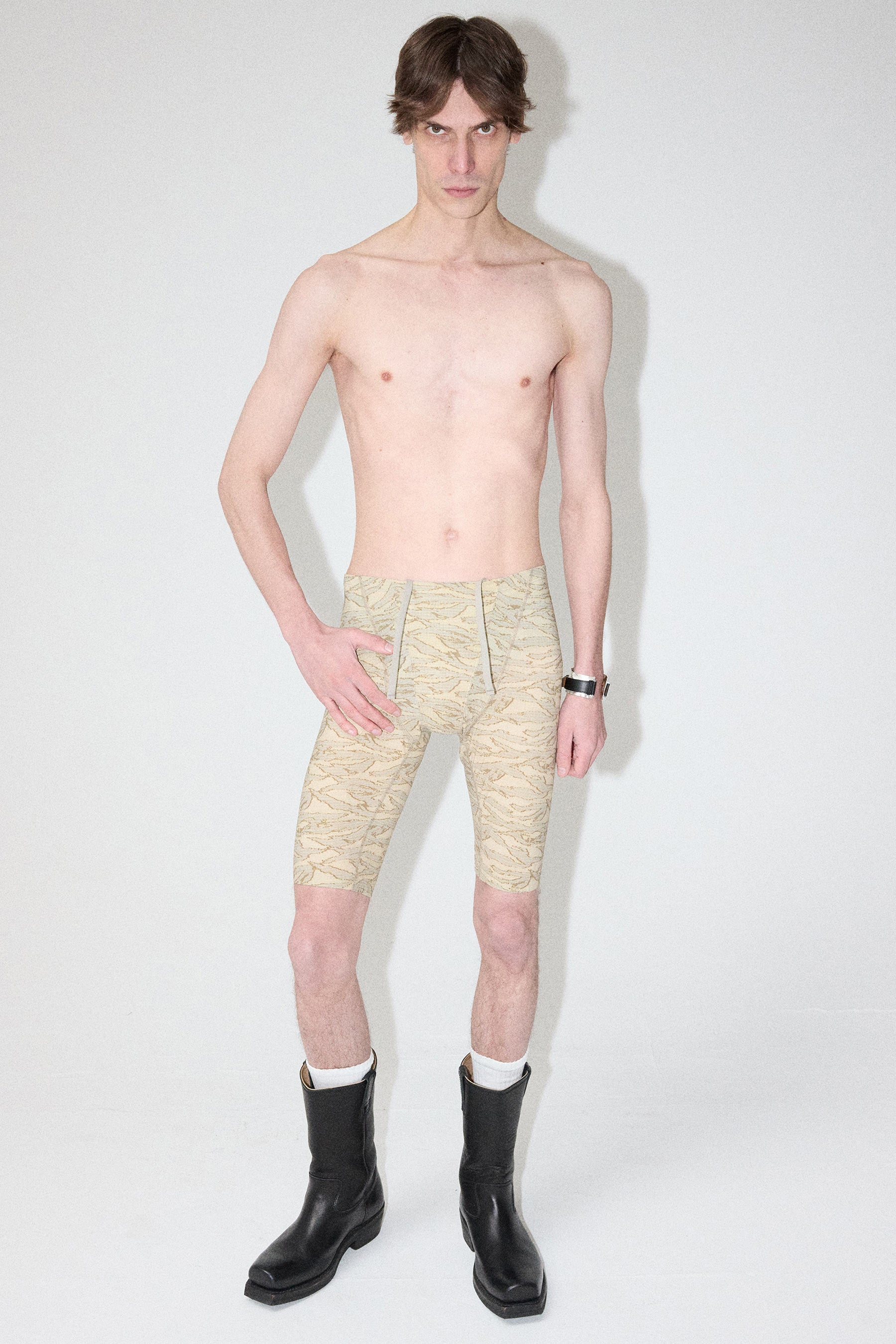 Beige Camouflage Print Second Skin Tight Shorts