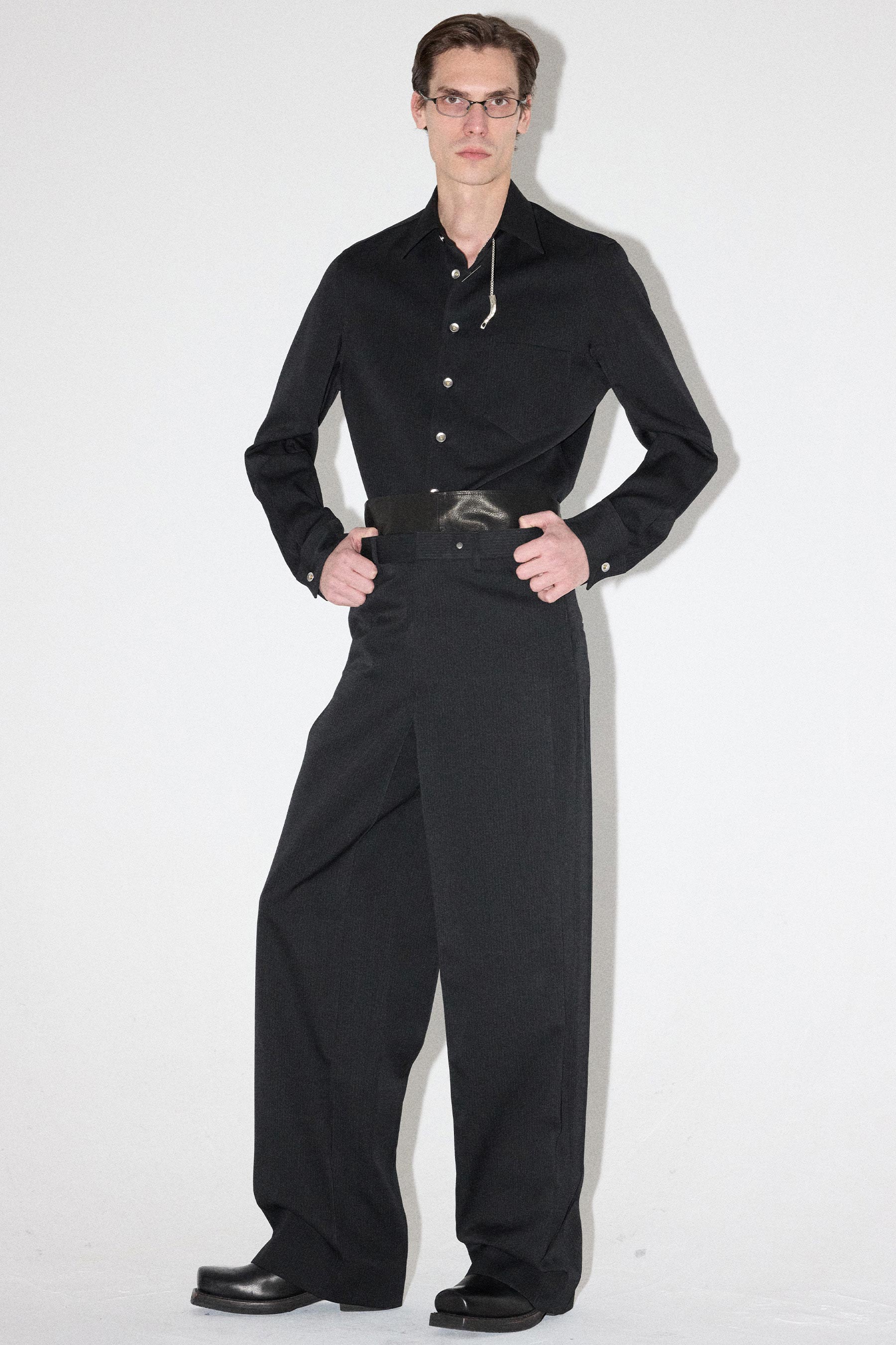 Black Curve Arm Stripe Wool Shirt