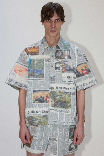 Mixed Cuboid Printed Newspaper Short Sleeved Shirt