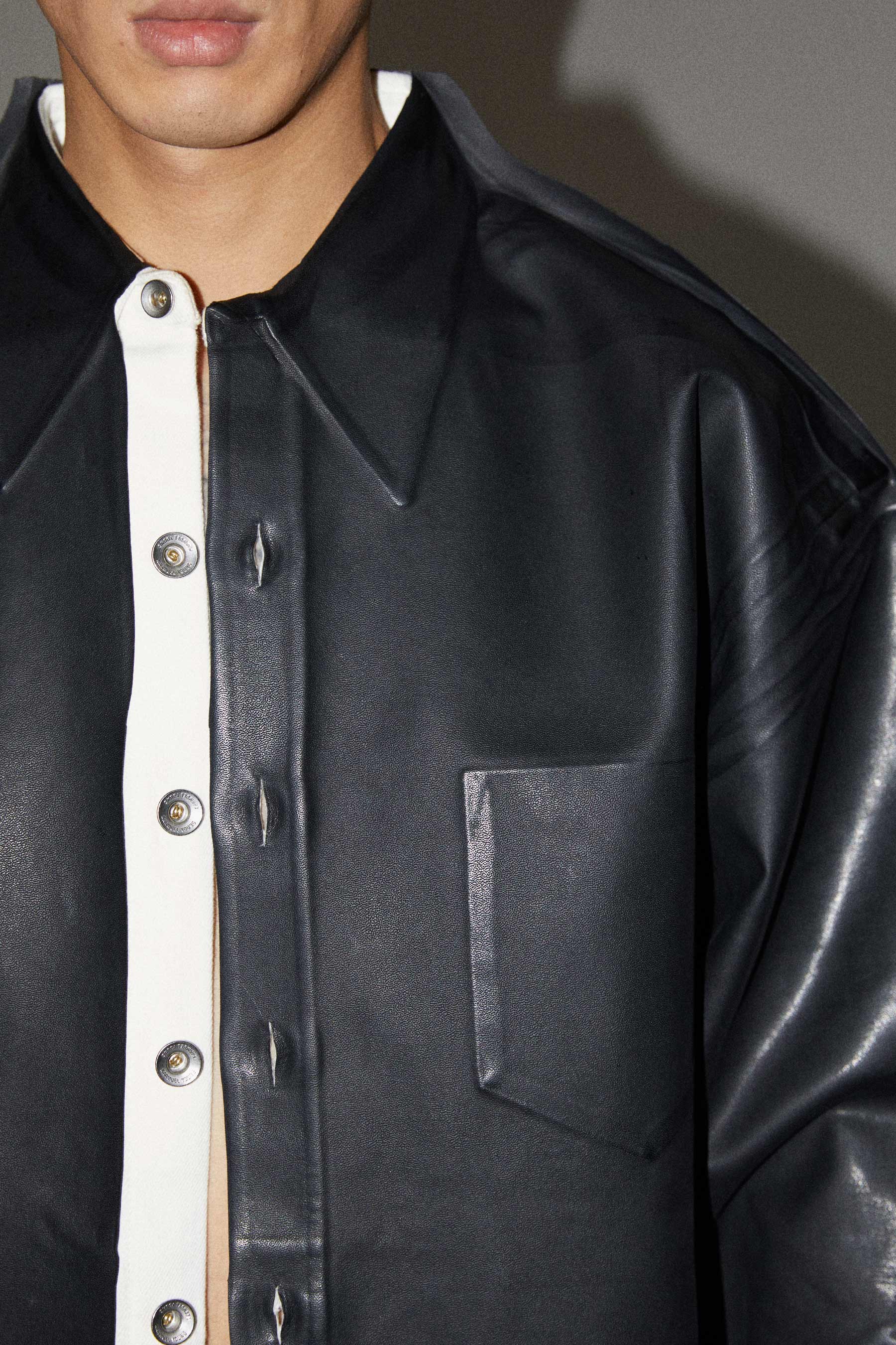 Black Overpirnted PU Leather Square Shirt