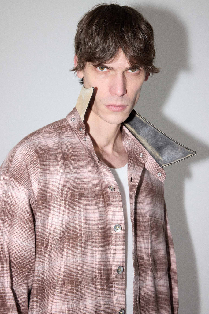 Pink Check Square Snap off Leather Collar Shirt